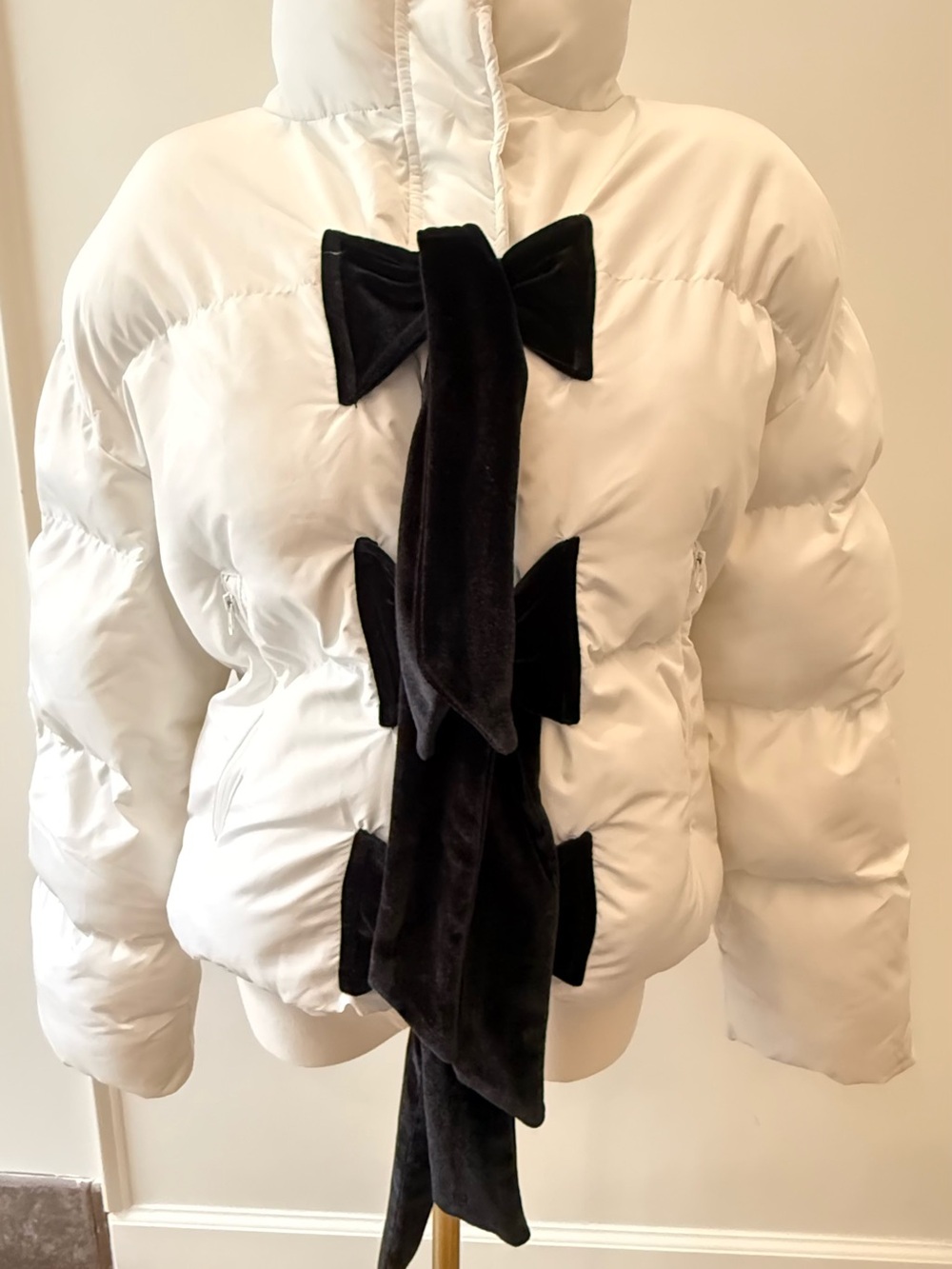 DOT & LU White Puffer Jacket with Black Bow Accent